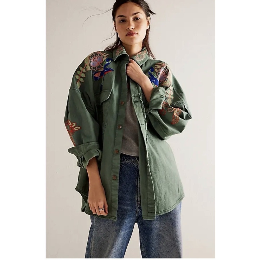 We The Free People Take Flight Embroidered Shirt Jacket Women's Size XL Green